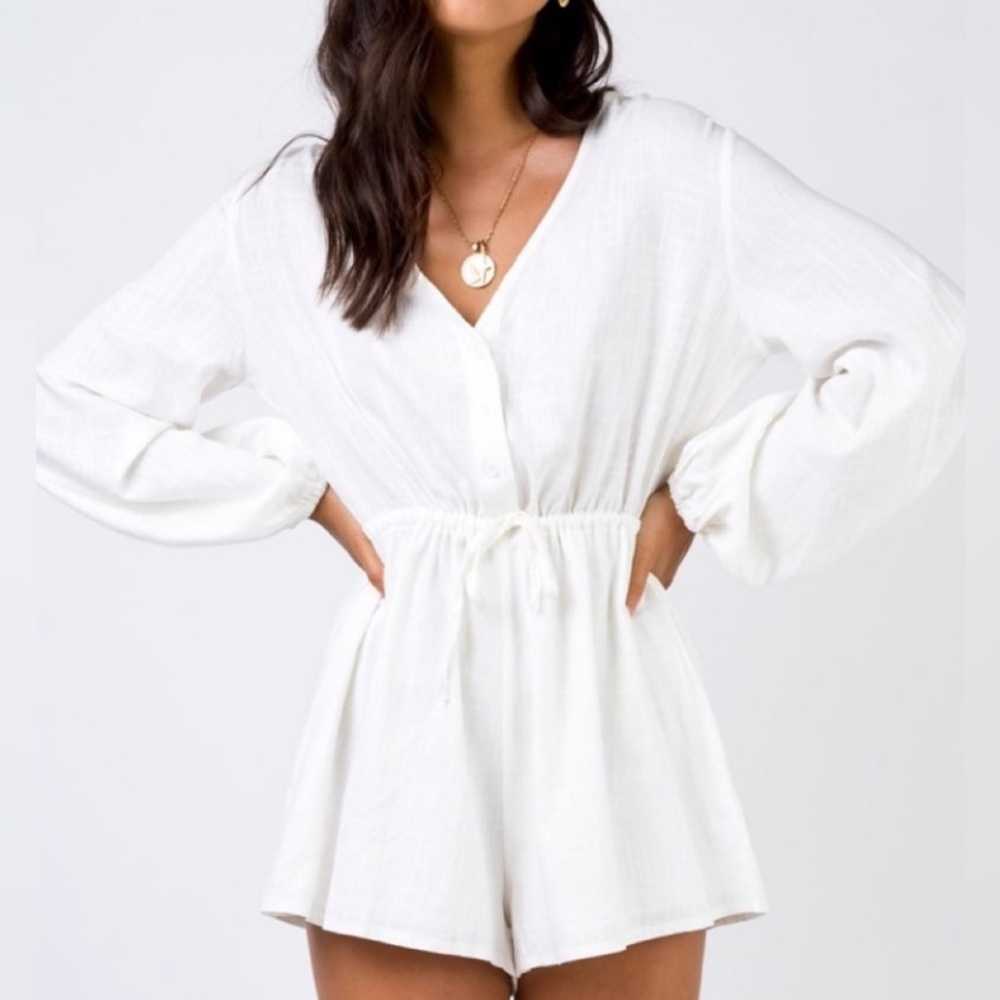 Princess Polly Donna Mae Playsuit romper linen blend button front long sleeve 12